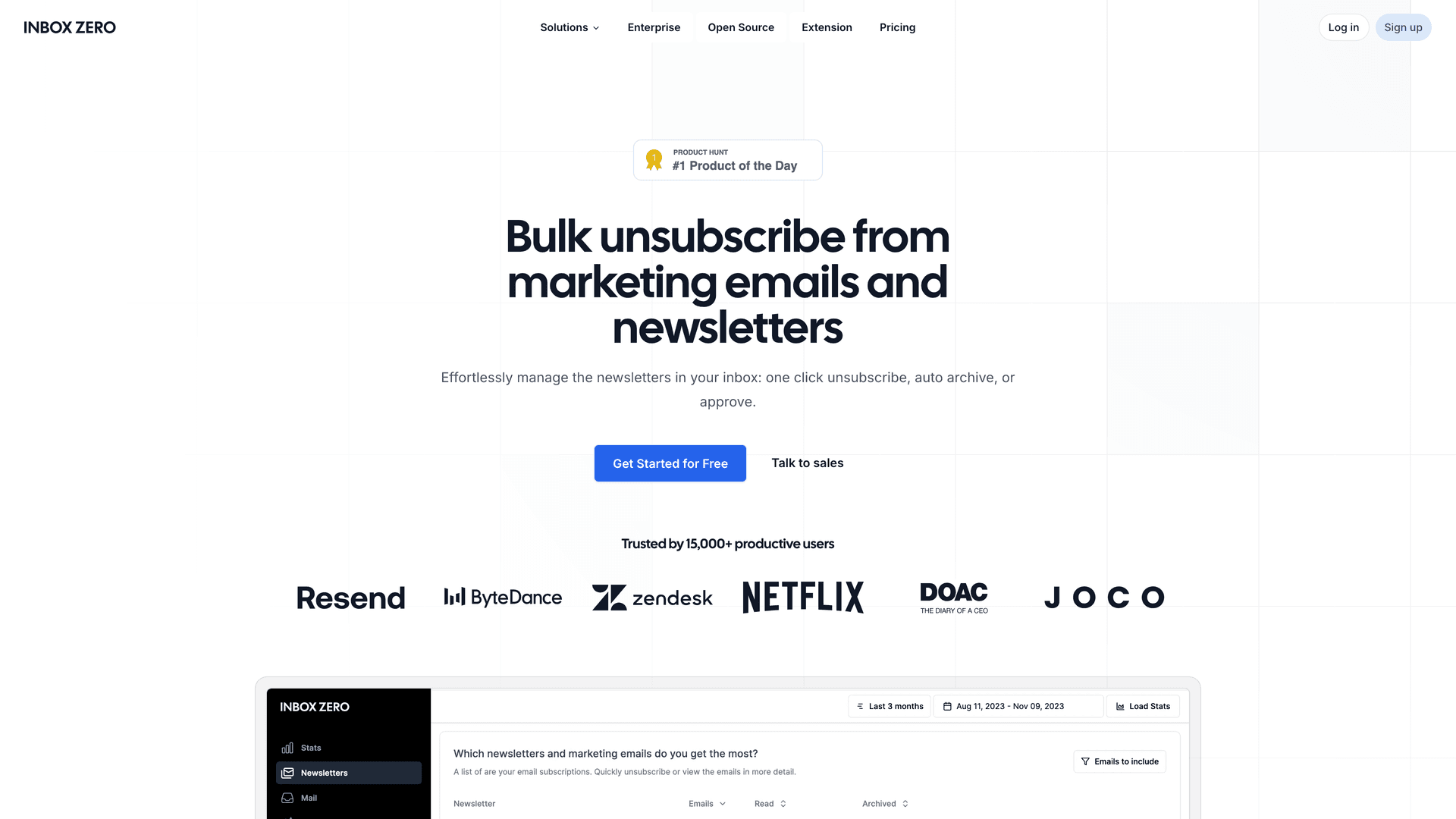 Inbox Zero Bulk Email Unsubscriber interface showing subscription management with one-click unsubscribe and analytics